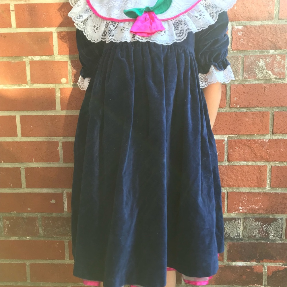 Vintage Girls Blue Velvet Dress by Little Princess Flap Collar